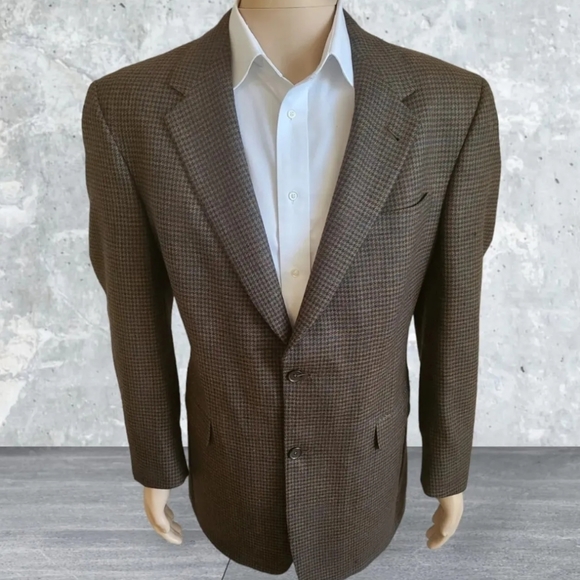 Vtg Austin Reed Sport Coat Jacket Men 43R Brown Houndstooth Tweed Wool USA